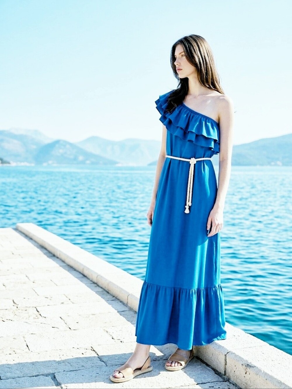 Amiani One-Shoulder Ruffle Maxi Dress in Cobalt Blue